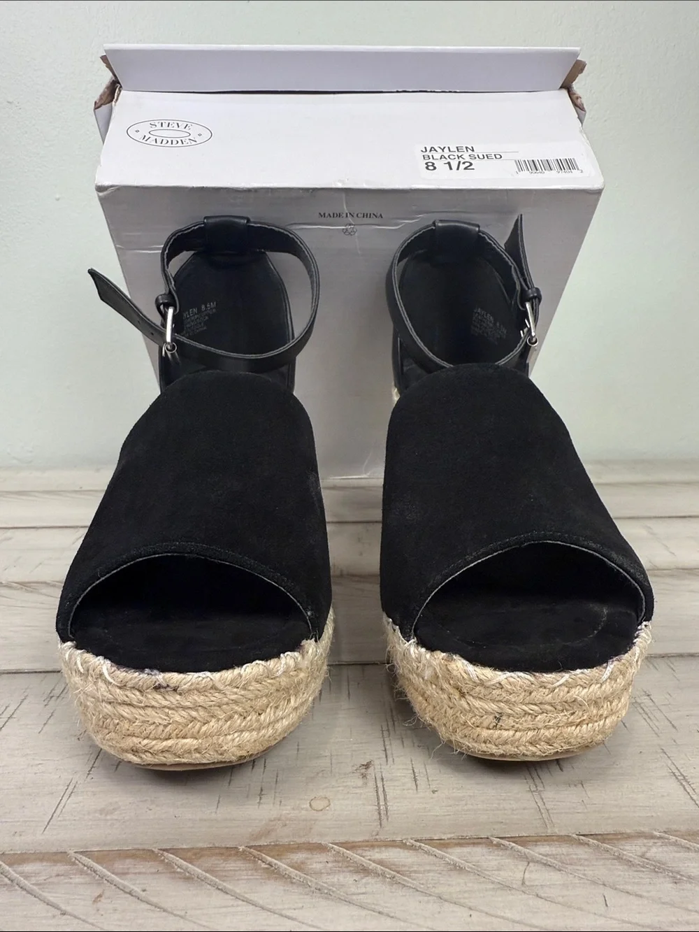 Steve Madden Gorgeous Black Espadrille Wedge Sandals with Ankle Straps Size 8.5